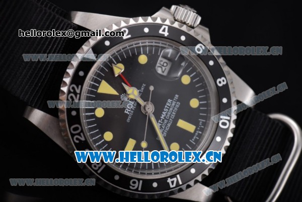 Rolex GMT-Master Asia 2813 Automatic Steel Case with Black Dial Black Nylon Strap and Yellow Markers - Click Image to Close